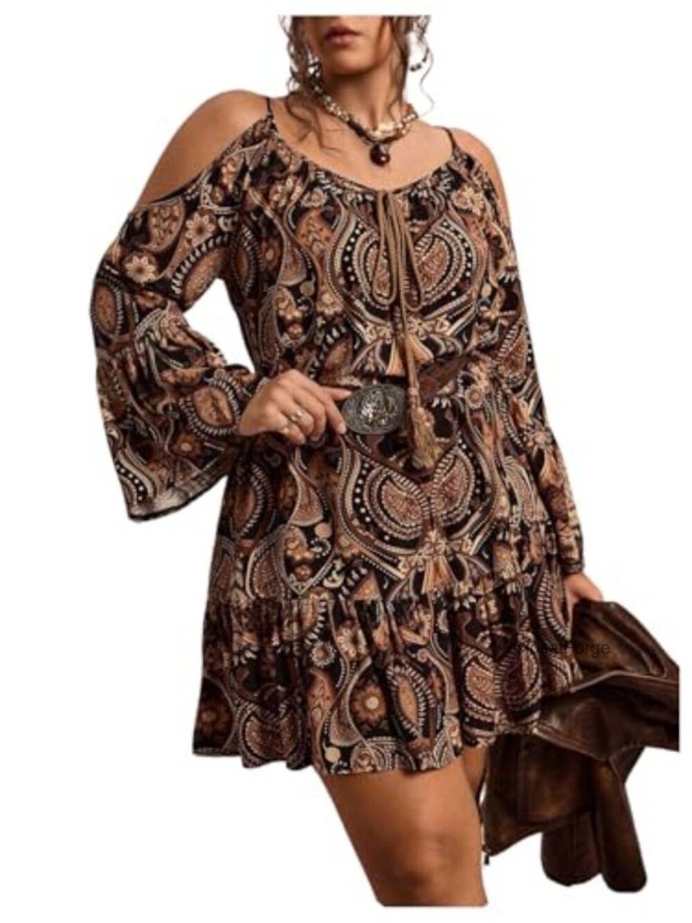 Plus Size Western Bell Sleeve Cowgirl Mini Dress Paisley Cold Shoulder